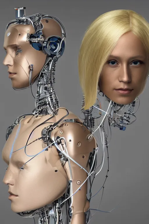 Image similar to robot with human face, female head, full body angle, woman human face, human face realistic, beautiful blonde hair, human head, human head with blonde hair, blonde hair human head, blonde hair, human realistic face, human head skin, cyborg frame concept, cyborg by ales-kotnik, sci-fi android female, the body is made of wires, robotic body, cyborg body, cyborg bust body, robot body cyborg, full body