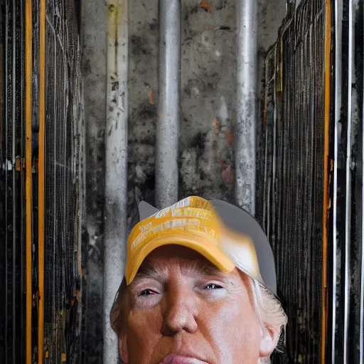 Prompt: a beautifull photographic still of donald trump in prison, orange prisonner uniform + filthy and humid prison, natural prison light, by terry richardson