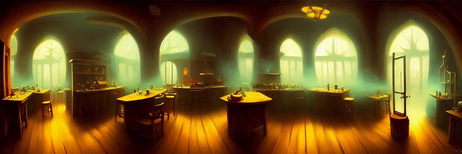Prompt: fog, volumetric lighting, fisheye, curved perspective, naive, extra narrow, wooden kitchen, large floor, tavern by rhads, by antoni gaudi, by goya, warm tones