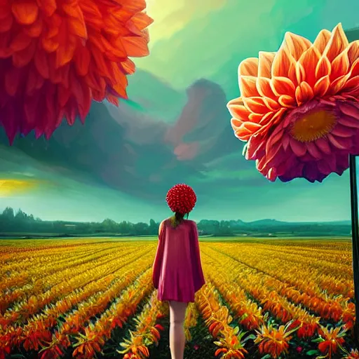 Image similar to giant dahlia flower as head, full body girl standing in a flower field, surreal photography, sunrise, dramatic light, impressionist painting, colorful clouds, digital painting, artstation, simon stalenhag