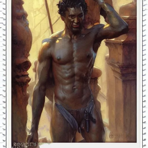 Image similar to Roguish Picaro Dsurion stands at the gates of Hades Hand Crafted By Rodin. Painting by greg rutkowski Donato Giancola Jeff Simpson norman rockwell stamp watercolor