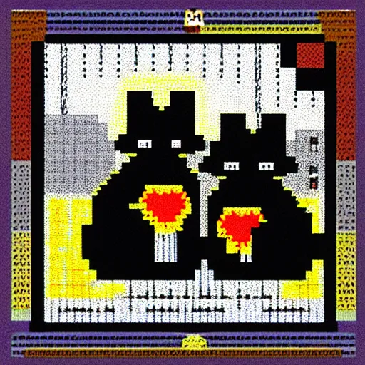 Image similar to 8-bit art of a black cat and gray mouse, 80s, vivid colors