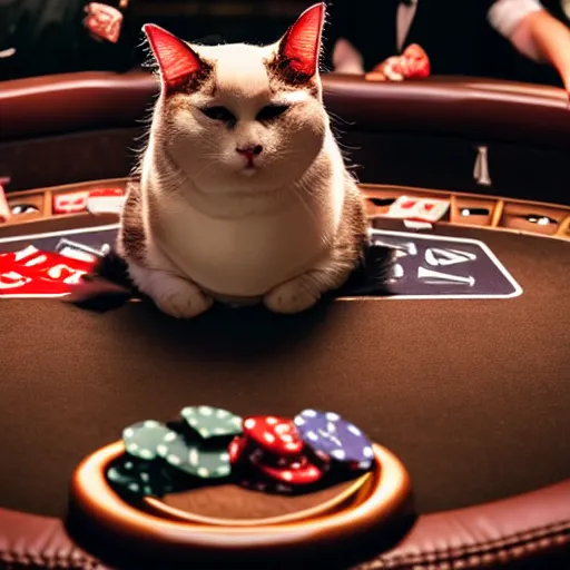 Prompt: fat mobster cat gambling at a poker table single light overhead smokey photo