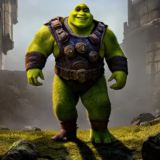 Prompt: Shrek!! as Shrek!! in 'Gears of War', splash art, movie still, cinematic lighting, detailed face, dramatic, octane render, long lens, shallow depth of field, bokeh, anamorphic lens flare, 8k, hyper detailed, 35mm film grain