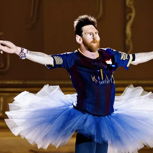 Prompt: lionel messi wearing tutu dancing ballet on the Odessa Opera Theatre stage