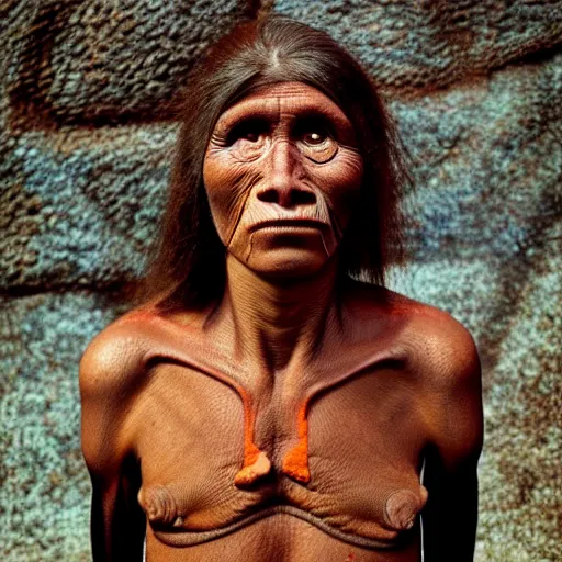 Image similar to “ Full body portrait of a primitive pre-human woman Neanderthal looking deeply to the camera, blue eyes, smiling, anthropology photography, color kodakcrhome 64,National Geographic ”