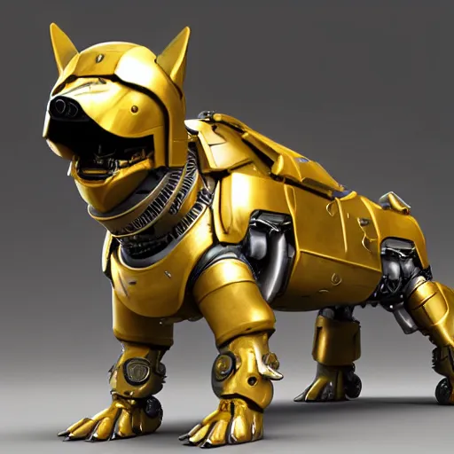 Image similar to cybernetic dog wth golden armor, hard surface, matte painting by jama jurabaev and greg rutkowsky,