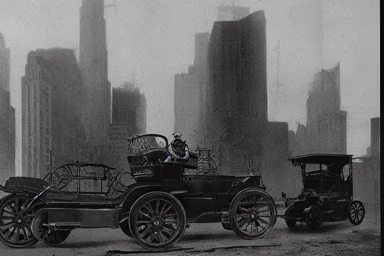 Image similar to cyberpunk new 1 9 0 8 model ford t by paul lehr, metropolis, view over city, vintage film photo, scratched photo, scanned in, old photobook, silent movie, black and white photo