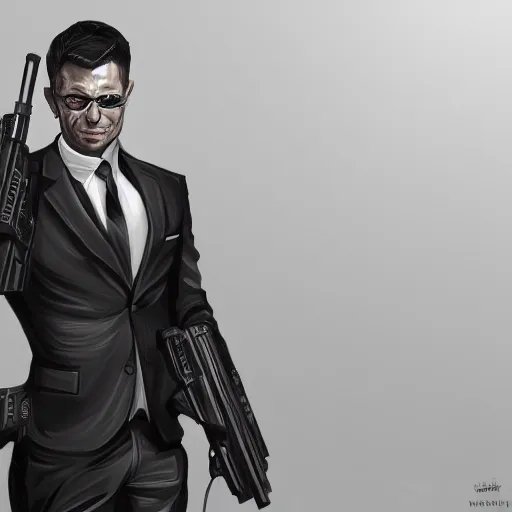 Image similar to portrait of an agent in a suit armed with a kriss vector, D&D, fantasy, elegant, hopeful, muscular, highly detailed, digital painting, artstation, concept art, smooth, sharp focus, illustration