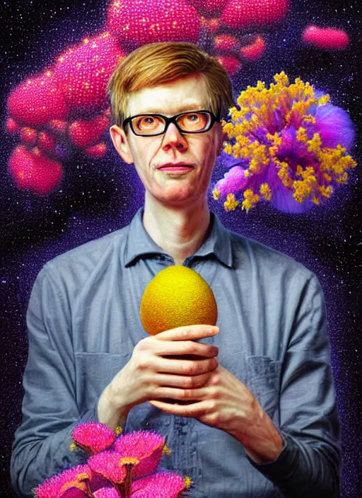 Image similar to hyper detailed 3d render like a Oil painting - friendly portrait of author Hank Green in Aurora (Singer) seen Eating of the Strangling network of yellowcake aerochrome and milky Fruit and Her delicate Hands hold of gossamer polyp blossoms bring iridescent fungal flowers whose spores black the foolish stars by Jacek Yerka, Mariusz Lewandowski, Houdini algorithmic generative render, Abstract brush strokes, Masterpiece, Edward Hopper and James Gilleard, Zdzislaw Beksinski, Wolfgang Lettl, hints of Yayoi Kasuma, octane render, 8k