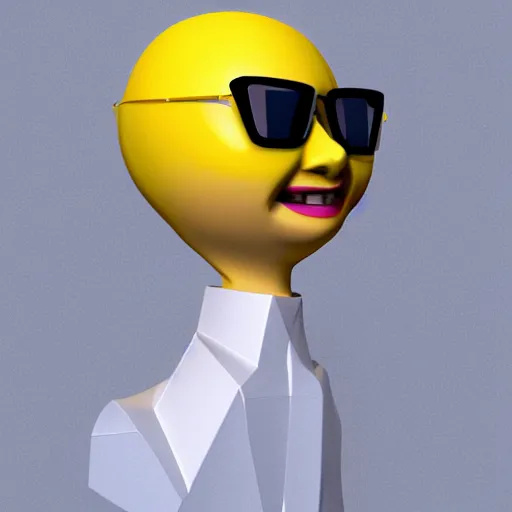 Prompt: low poly 3 d render of a lemon wearing sunglasses and smiling, white background