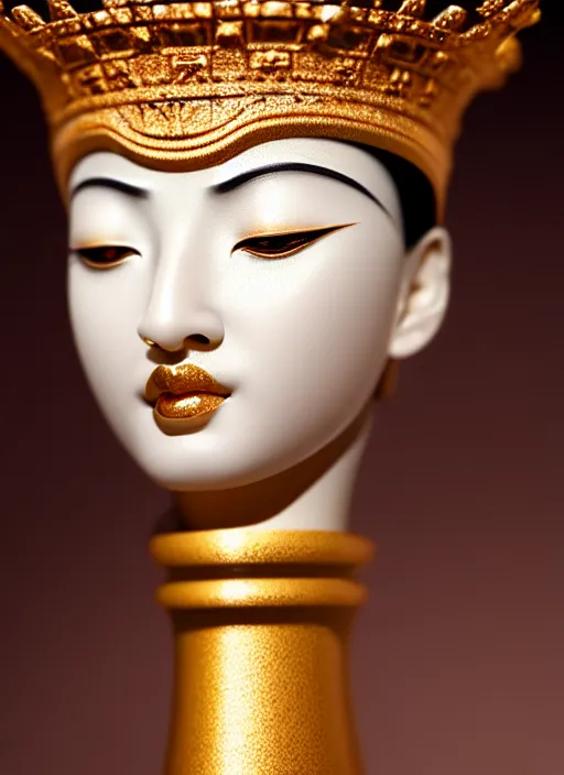 Image similar to queen chess piece extreme closeup photo portrait, beautiful pale makeup, pearlescent skin, elegant pose, very detailed, highly detailed kimono, photorealism, sharp focus, photorealism, soft diffuse autumn lights, some sunlight ray, dark room wall, canon 5D 50 mm lens, zen temple background