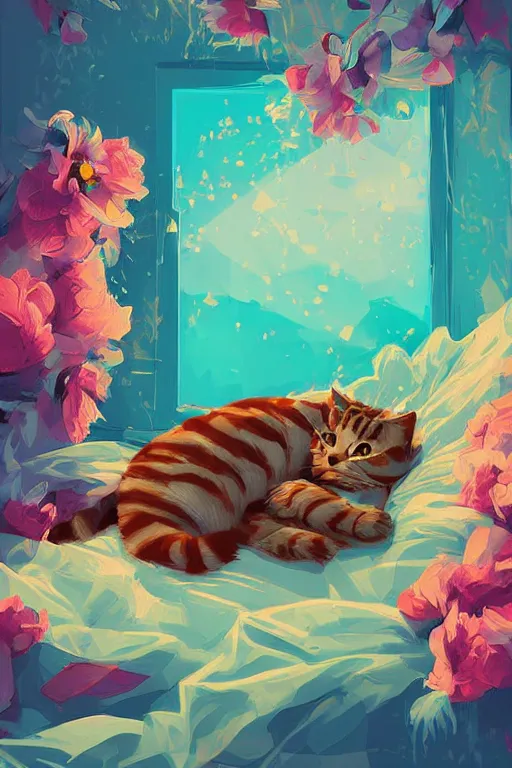 Image similar to a digital art of a cat sleeping in the room with flowers around in the afternoon, the sun shines in, animal, light effect, highly detailed, by anton fadeev