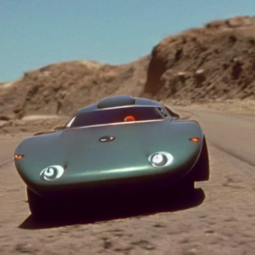 Image similar to car chased by anothrr car which is flying in the sky, movie still of James bond