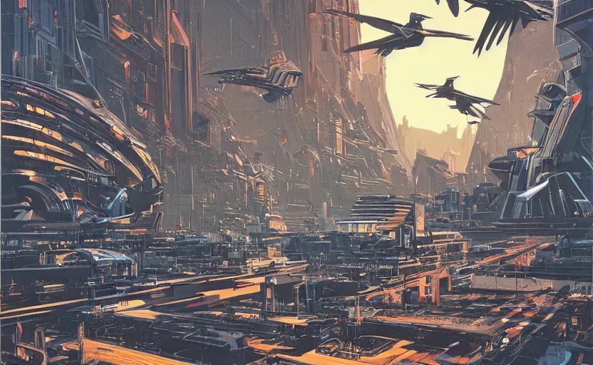 Prompt: cybernetic city overrun by gigantic robot birds, art by syd mead, extremely detailed, high quality,