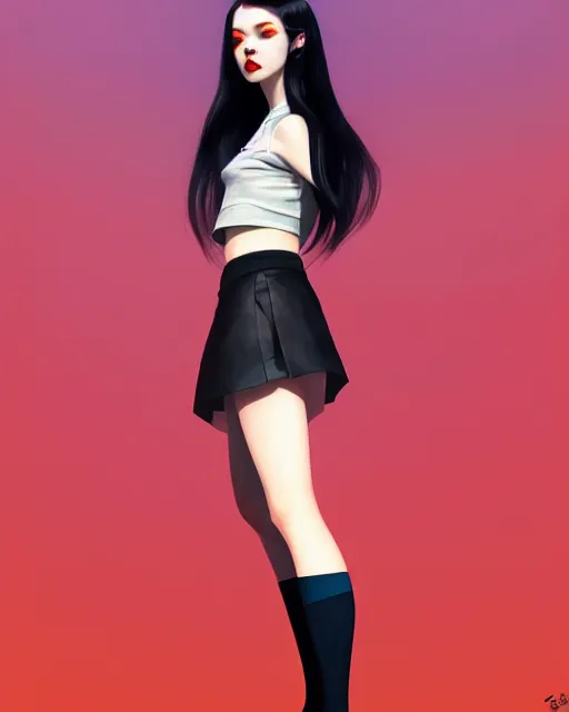 Image similar to side view of pale skin beauty in mini skirt and crop top, black hair, red lips, paint by ilya kuvshinov and ross tran and karol bak and stanley lau and anna dittmann and artgerm and xiaoguang sun and tian zi