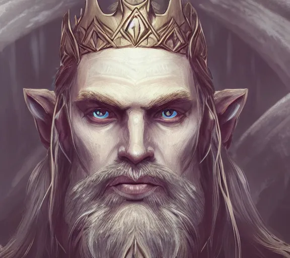 Image similar to Portrait of a powerful Elven King in the style of Icewind Dale portraits; masterpiece; trending on artstation; f/1.4; 90mm