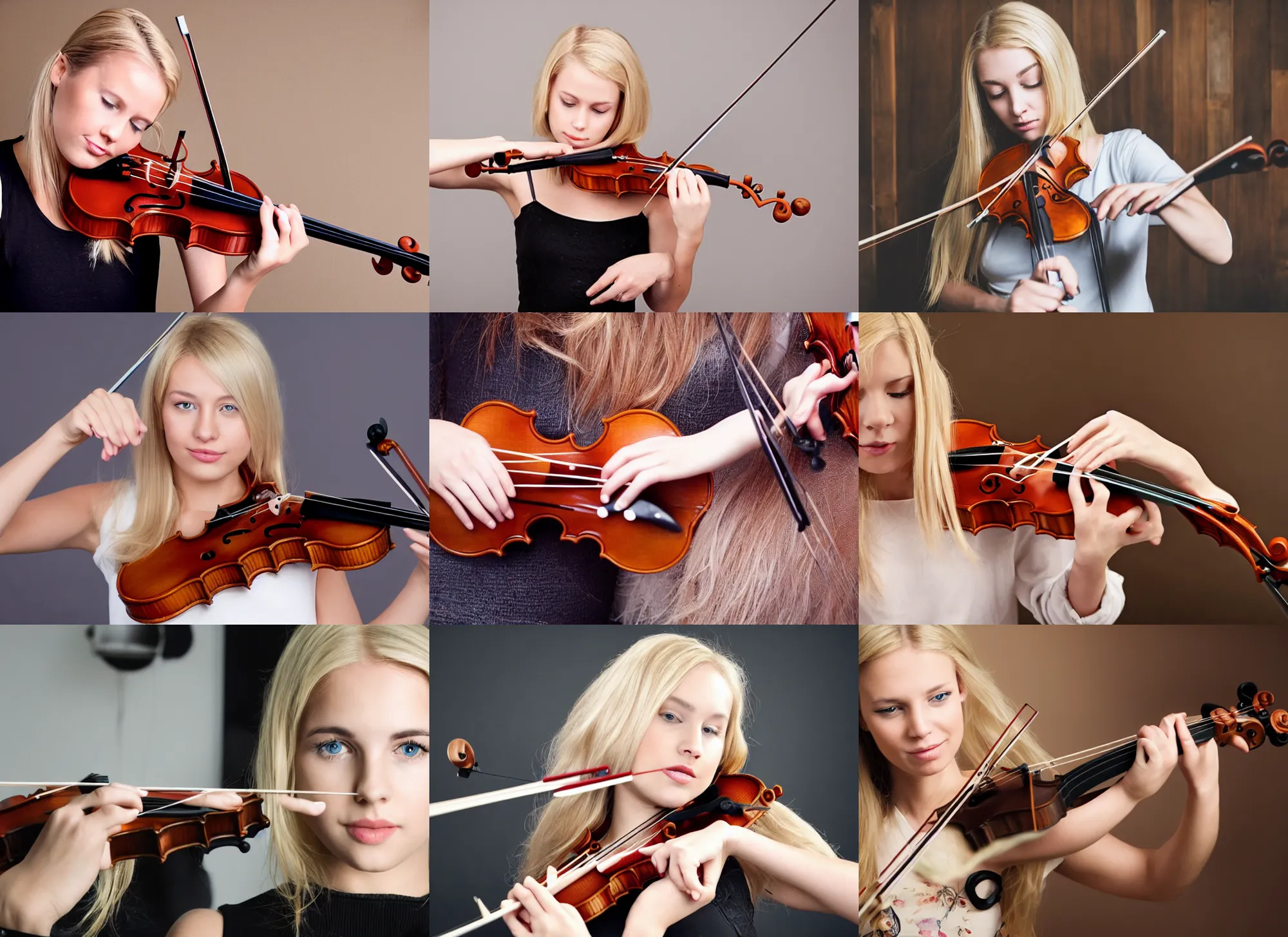 Prompt: blonde girl cuts cuts cuts the strings on the violin