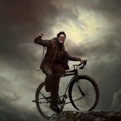 Image similar to A fancy portrait of a happy man flying in the sky on his bicycle in the clouds, perfect expression, Greg Rutkowski, Sung Choi, Mitchell Mohrhauser, Maciej Kuciara, Johnson Ting, Maxim Verehin, Bloodborne, 8k photorealistic, volumetric lighting, HD, high details, dramatic, warm atmosphere, trending on artstation