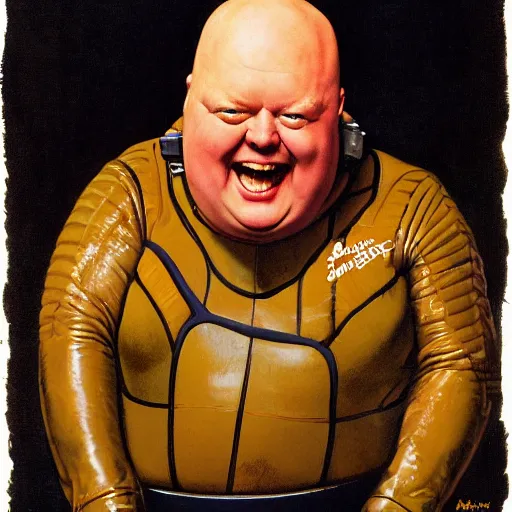 Prompt: upper body portrait of butterbean as baron harkonnen from the movie dune wearing a leather spacesuit finding something highly amusing, painted by norman rockwell and tom lovell and frank schoonover