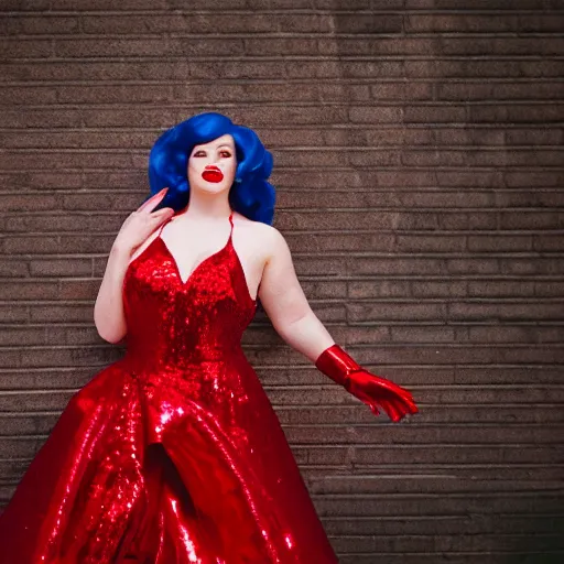 Image similar to film portrait photography of nora o'donnell as jessica rabbit, head and shoulders photography. red sequin ballgown dress. kodak ektar 4 0 0. canon f 1. 2. detailed, heavy film grain