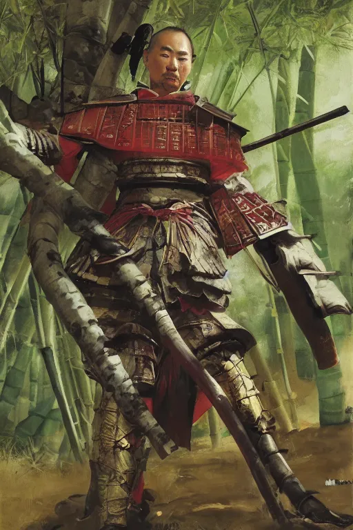 Image similar to close up of a wandering samurai in full armor sitting in a dark bamboo forest, by huang guangjian and gil elvgren, sachin teng, greg manchess