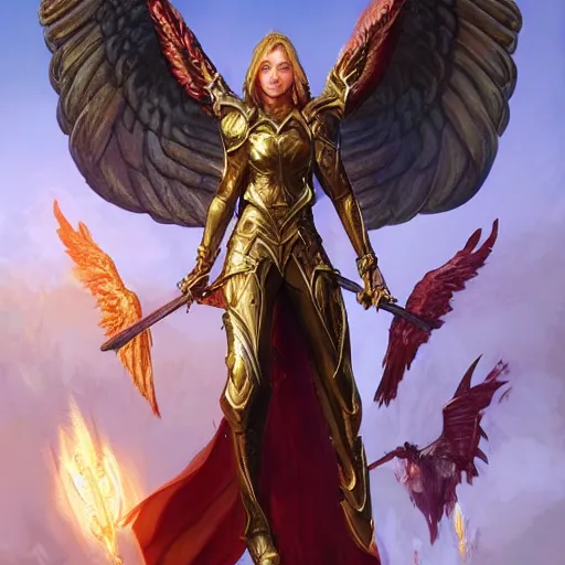 Image similar to archangel of fury, full-body portrait, D&D, fantasy, portrait, highly detailed, digital painting, artstation, concept art, sharp focus, illustration, art by artgerm and greg rutkowski and magali villeneuve, red white and gold color scheme