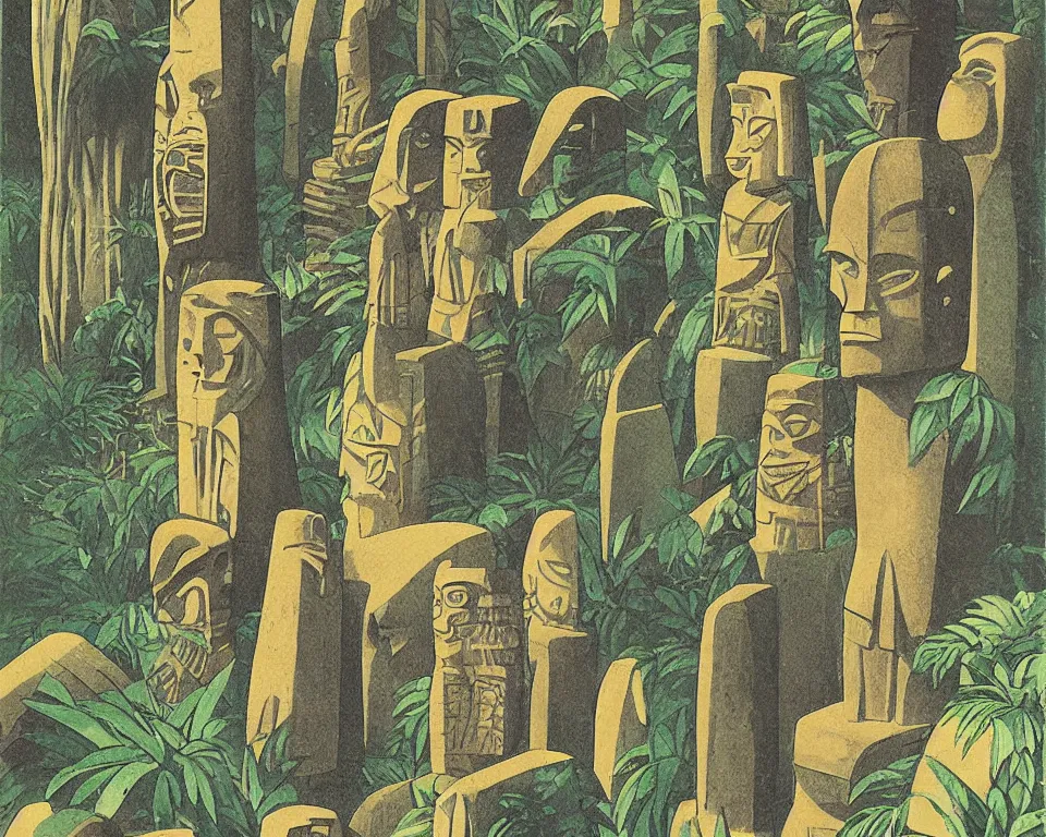 Prompt: Art Deco print of miniature stone tiki idols and totem poles in the jungle by Hasui Kawase and Lyonel Feininger.