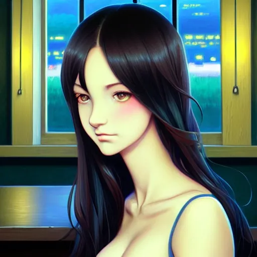 Prompt: a beautiful girl with long dark hair, sitting alone at a bar, night time, intricate, highly detailed, digital painting, artstation, official media, anime key visual, concept art, rich vivid colors, ambient lighting, sharp focus, illustration, art by Artgerm, Makoto Shinkai, Ilya Kuvshinov, Lois Van Baarle, and Rossdraws