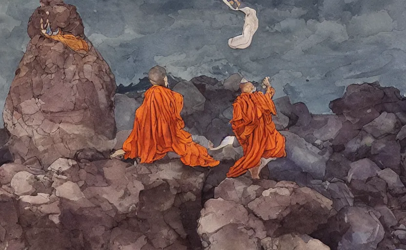 Image similar to a hyperrealist watercolour concept art of a monk levitating a huge rock over his head. it is a misty night on the moors of ireland. by rebecca guay, michael kaluta, charles vess and jean moebius giraud. high detail, hq