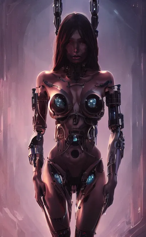 Image similar to a cyborg succubus, flawless symmetrical pretty cute face, greg rutkowski, 8 k, shallow depth of field, intricate detail, concept art,