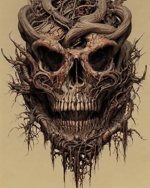 Prompt: a beautiful detailed front view of a dead rotten skull with ornate growing around, ornamentation, sculpture, elegant, beautifully soft lit, by wayne barlowe, peter mohrbacher, kelly mckernan