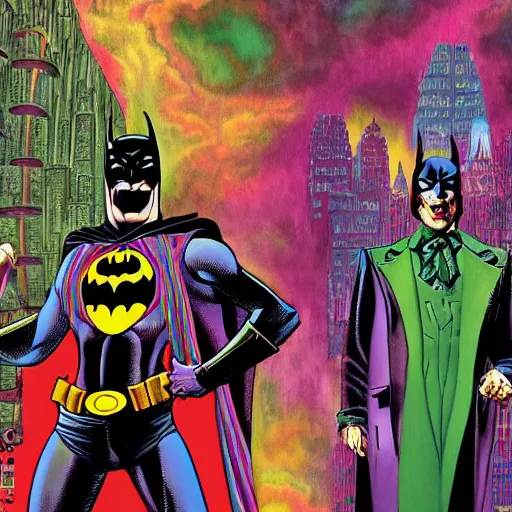 Image similar to a matte grand scale painting of batman in joker's fractal acid hell by howard chaykin and glenn fabry and todd nauck and alex grey and lisa frank, rainbow colors, hires detail, 8 k, fine detail