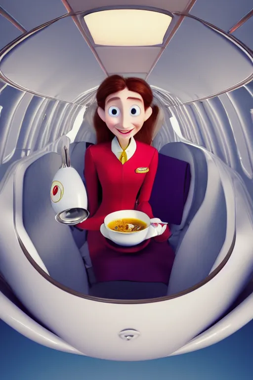 Prompt: portrait of a stewardess working inside a plane holding a white tea cup with the seats in background, full body. pixar disney 4 k 3 d render funny animation movie oscar winning trending on artstation and behance, ratatouille style