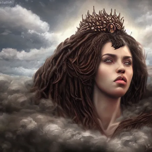 Image similar to a colossal goddess is watching us from above, creative, brown skin, giant, digital art, highly detailed, photo manipulation, dark clouds, town, covered in clouds, covered by clouds, dark gray hair, digital painting, artstation