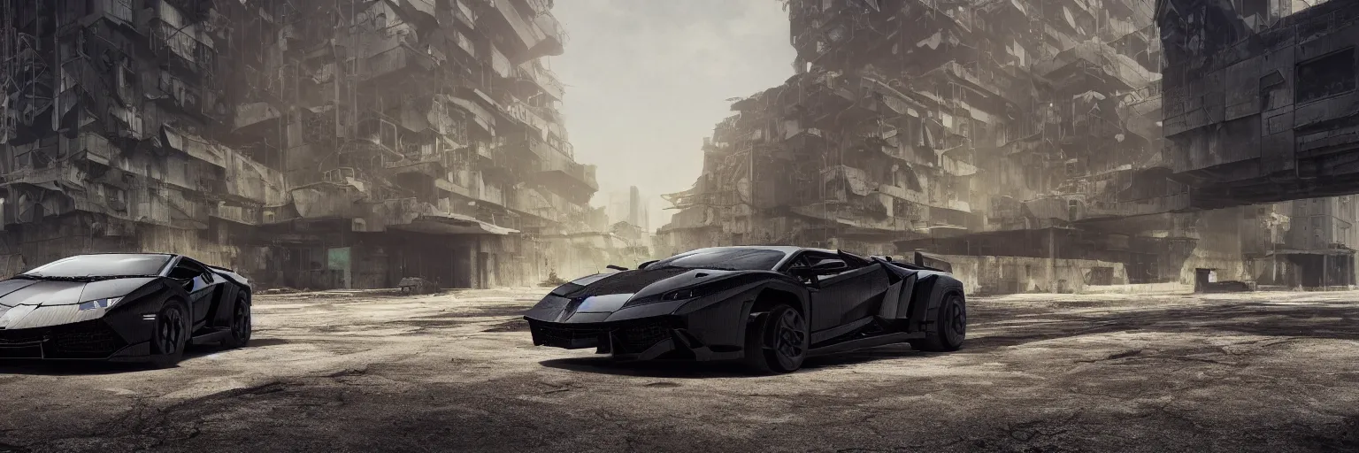 Prompt: black lego lamborghini in an abandoned city. brutalist architecture. soft light. cinematic. intricate. close - up shot. highly detailed. matte painting in the style of craig mullins. octane render. 8 k. trending on artstation
