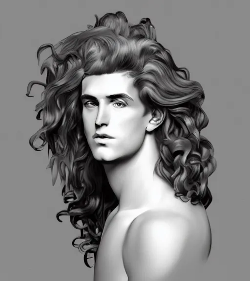 Prompt: clean cel shaded art of the androgynous clean shaven greek God Apollo, long fluffy curly blond hair, light platinum long blond hair, Alexandre Cabanel, norman rockwell, peter paul rubens, maler collier, frank frazetta, alphonse mucha, gustav klimt 4k, unreal 5, DAZ, french noveau, trending on artstation, octane render, hyperrealistic