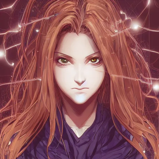 Prompt: Female mage, beautiful face, excited expression, brown flowing hair, symmetrical features, medical background, headshot, cyberpunk, luminescent, wires, cables, gadgets, Digital art, detailed, anime, artist Katsuhiro Otomo