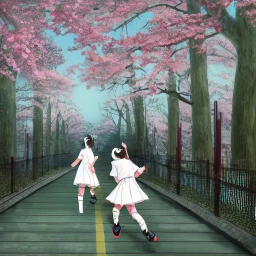 Image similar to hachishakusama wearing a white dress playing basketball against a group of kindergarteners wearing japanese school uniforms, complete detailed body, cherry blossom trees in background, moody atmosphere, digital art, highly detailed, high contrast, beautiful lighting, award winning, trending on art station, photorealistic, 8 k,