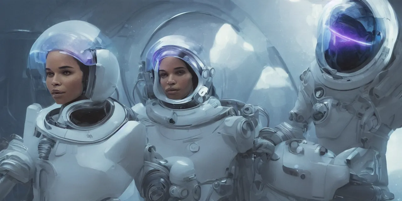 Image similar to Zoe Kravitz with short hair as a futuristic astronaut, helmet with led lights, underwater in the ocean at night, dark water, volumetric lighting, glowing lights, 4k, octane, digital painting, artstation, concept art, sharp focus, illustration, cinematic film still, art by artgerm and greg rutkowski and alphonse mucha , wide angle view,