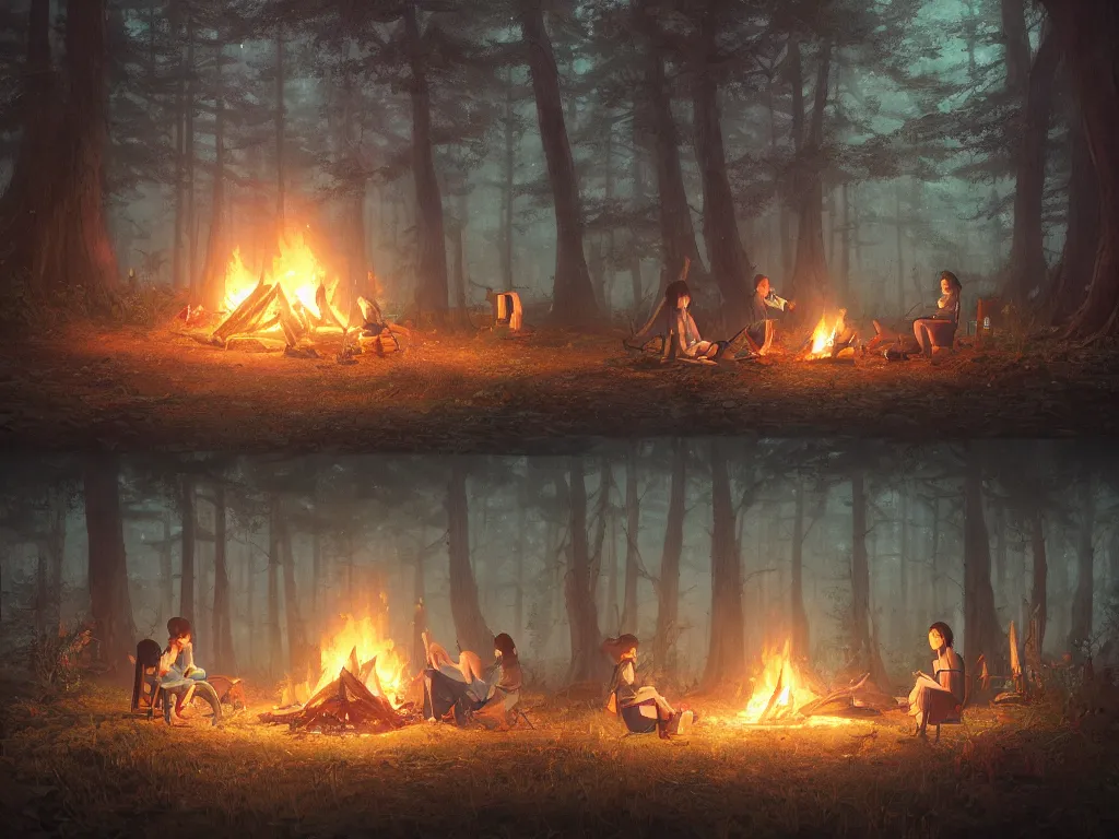 Image similar to A highly detailed matte painting of a lone camp fire in the forest at night by Studio Ghibli, Makoto Shinkai, by Artgerm, by WLOP, by Greg Rutkowski, volumetric lighting, octane render, 4K resolution, trending on artstation, masterpiece