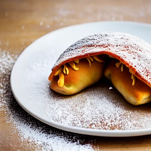 Prompt: a cake made of panzerotti, food photography