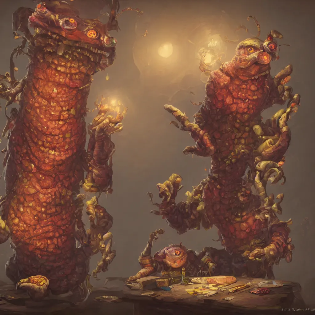 Prompt: a beautiful portrait painting of weird happy monster merchant by james gurney | unreal engine :. 3