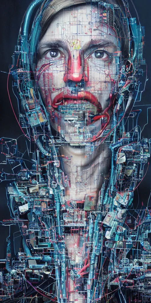 Prompt: portrait of computer & circuits, melting, salaryman, 8 k, by tristan eaton, stanley artgermm, tom bagshaw, greg rutkowski, carne griffiths, ayami kojima, beksinski, giger, trending on deviantart, face enhance, hyper detailed, minimalist, cybernetic, android, blade runner, full of colour, super detailed