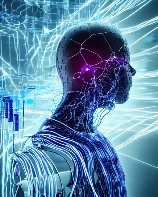 Image similar to a human cyborg with limbs stretches out tied with electrical cables connected to an infinite supercomputer, flood of color and images flowing from his head, 3 d render, octane, insane details