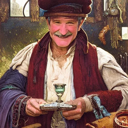 Image similar to an ultradetailed portrait of robin williams dressed as an alchemist, brewing potions in a workshop, d & d, fantasy, intricate, elegant, highly detailed, digital painting, matte, sharp focus, illustration, art by john collier and albert aublet and krenz cushart and artem demura and alphonse mucha