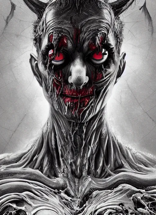 Prompt: a dream portrait of a demon in a clown suit, black & white, melting, webbing, 8 k, by tristan eaton, stanley artgerm, tom bagshaw, greg rutkowski, carne griffiths, ayami kojima, beksinski, giger, trending on deviantart, face enhance, hyper detailed, minimalist, horror, alien