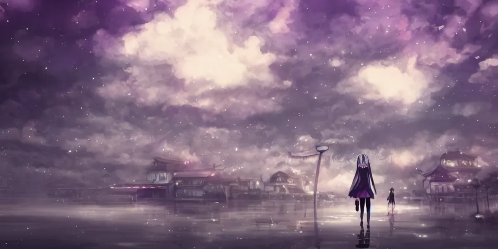 Prompt: white haired girl walking in flooded cloud palace night, fractal dreamscape, cinematic, vibrant dark colors digital anime illustration by studio ghibli, smooth coloring