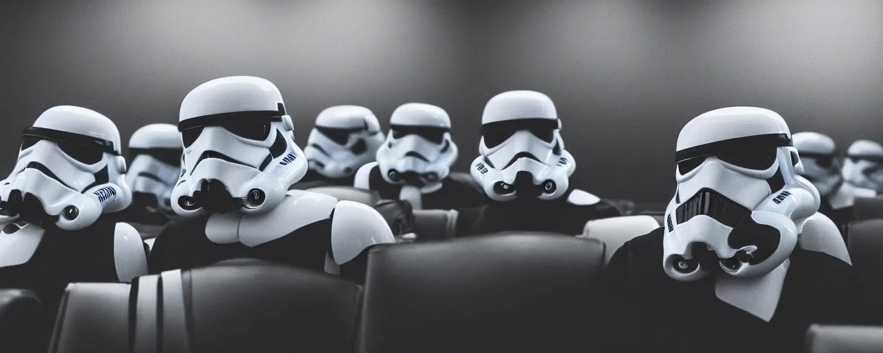 Prompt: Storm troopers chilling in an auditorium, iconic scene from 1980s film by Stanly Kubric, cinematic still frame, portrait photoreal, moody lighting, cinematography, anamorphic lens, kodak color film stock