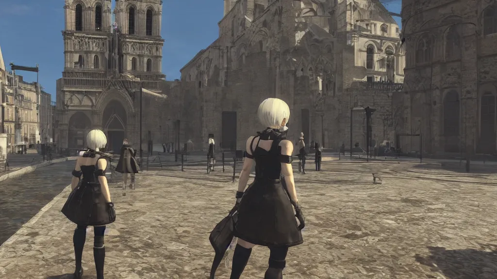 Prompt: Screenshot from Nier Automata, near Notre-Dame de la Garde in Marseille